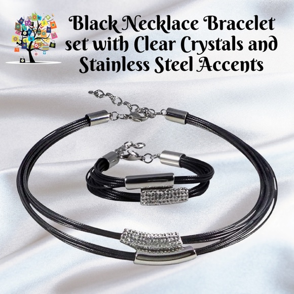 Dragonfly Spirit Designs Jewelry - Stainless Steel Bracelet and Necklace Black Cord Clear Crystals